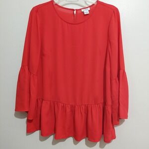 J Crew Factory Womens XS Red Peplum Blouse Bell Sleeve Keyhole Back Polyester